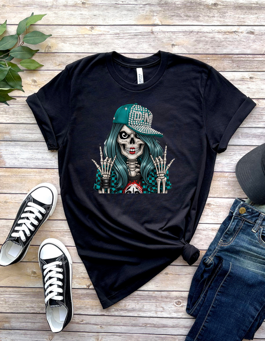 Female Skeleton with "Rock On" Gesture T-Shirt